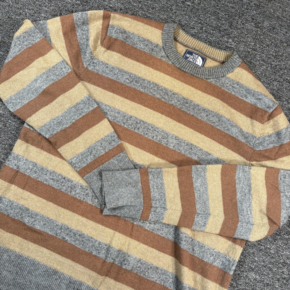 The North Face Sweater Mens Large Brown Striped Cotton Wool Crewneck Pullover